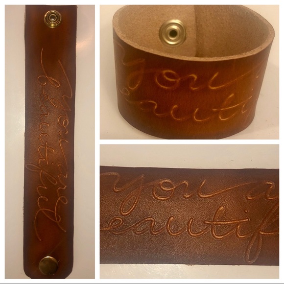 handmade Jewelry - Leather Cuff Bracelet “you are beautiful” handmade Jewelry - Leather Cuff Bracelet “you are beautiful”